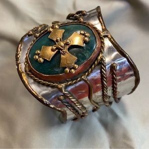 Silver cuff with green Malachite under gold cross Bracelet